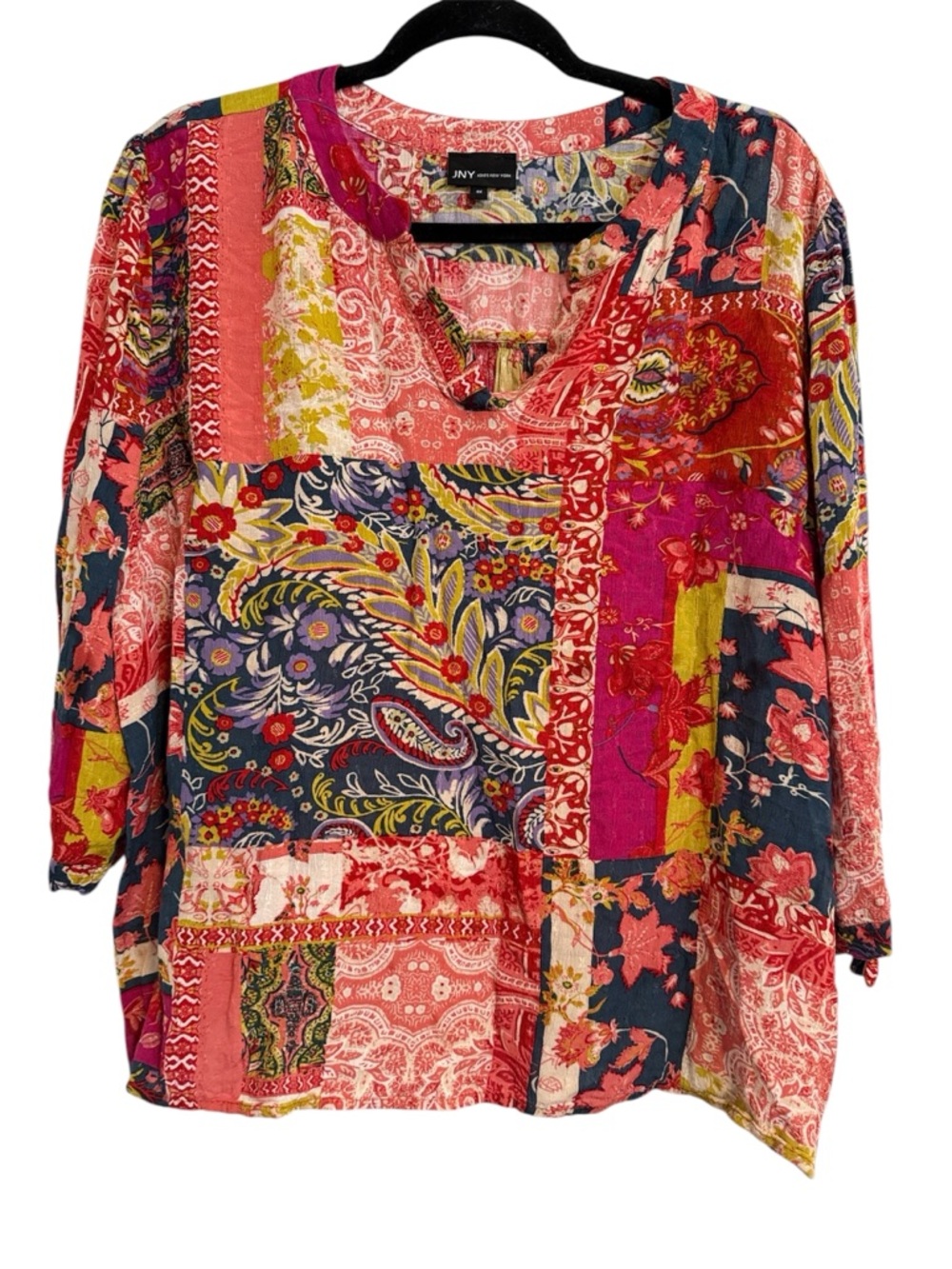 Jones New York Patchwork Colorful Roll Tab Sleeve Top